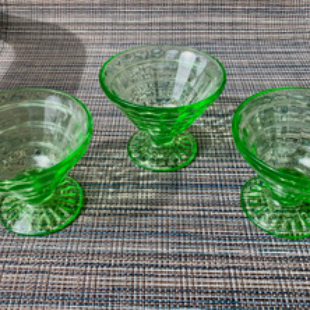 Uranium Glass - Block Optic Pattern - 3 Dessert dishes